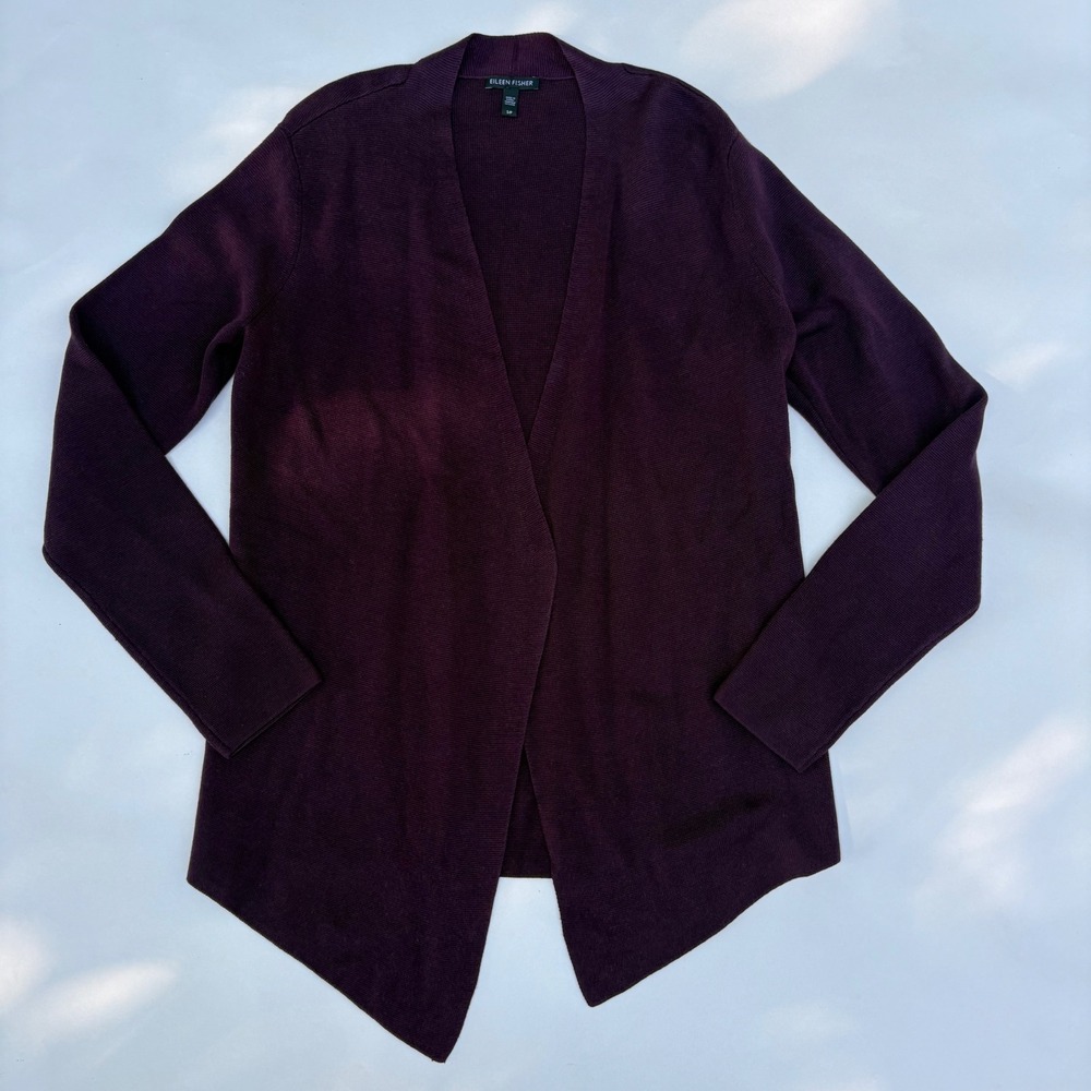 Eileen Fisher Silk Tencel Blend Open Front Cardigan Eggplant Purple Small S/P